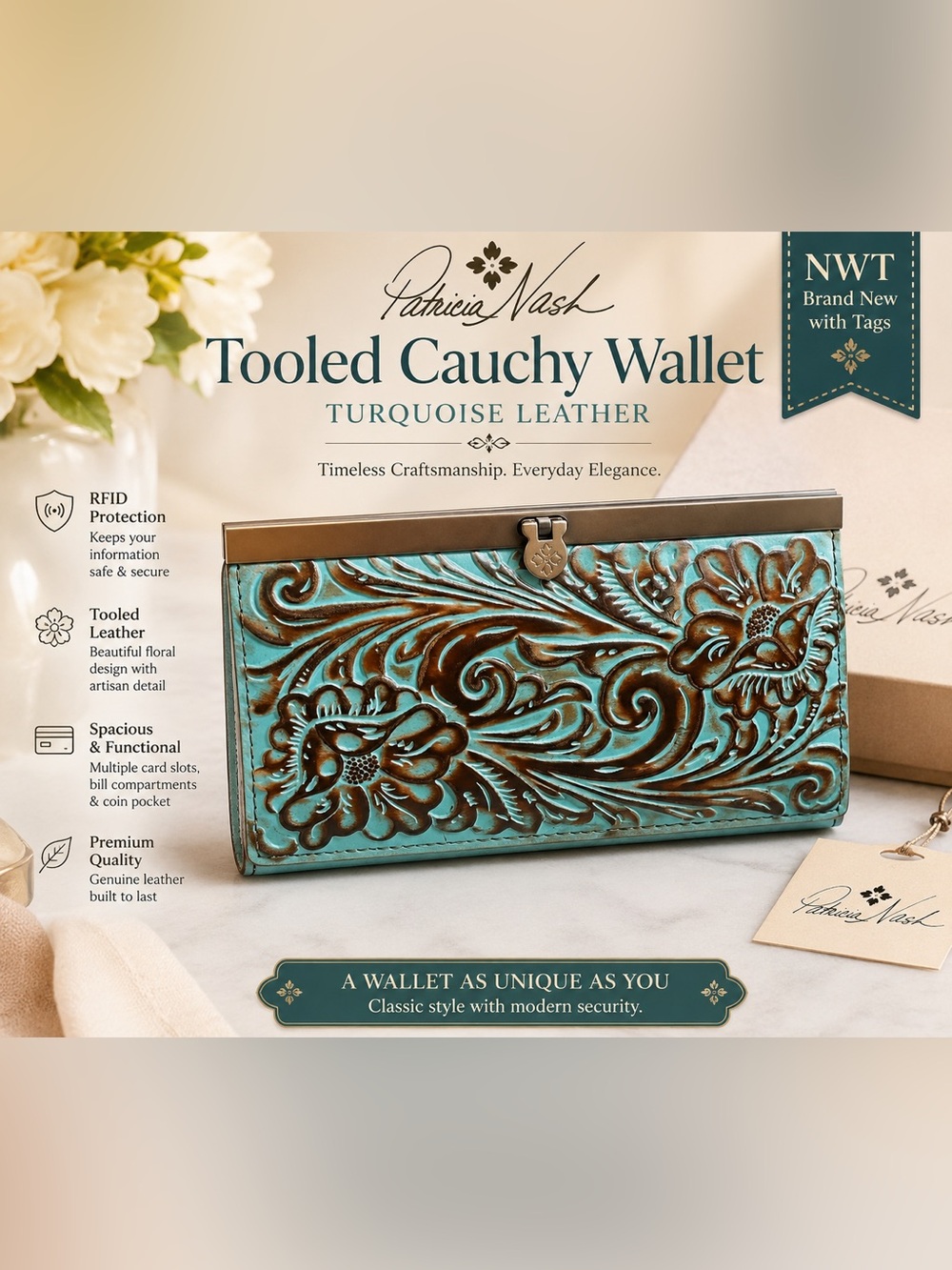 Patricia Nash Tooled Cauchy Wallet in Turquoise Leather RFID protection NWT
